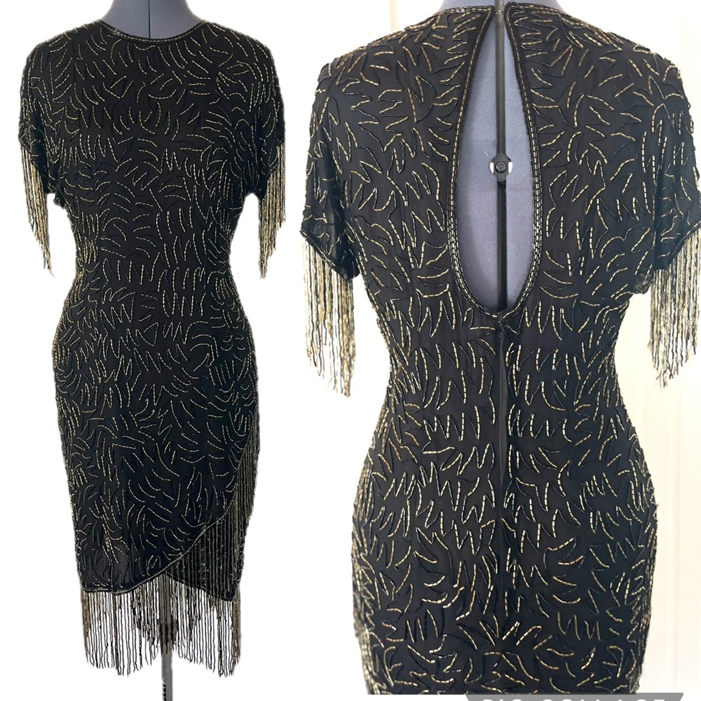 Vintage Silk Beaded Dress Black Gold Fringe Chic Open Back Party Dress Medium
